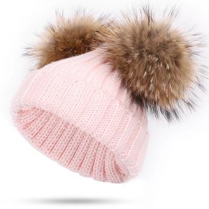 Pom Pom Hats: Knitted Acrylic Hat with Fur Pom Pom