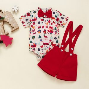 Bodysuit: Christmas Print Baby Boy Bodysuit and Red Shorts.