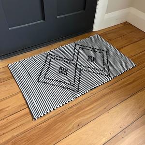 Cotton Floor Mat - White & Black Stripe - Diamond