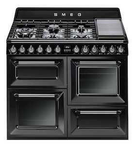 Smeg: Smeg 110cm 7 Burner Dual Fuel Freestanding Oven Black Enamelled Metal - TRA4110BL - Kitchen Things