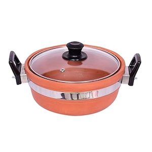 Earthern Cookware: Natural Mud Clay Karahi Medium-1Pc, with Handle and Glass Lid Terracotta Clay Pot