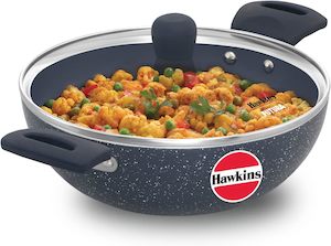 Pans: Hawkins Ceramic Nonstick 2.5 Litre Deep Kadhai, Induction Deep Fry Pan with Glass Lid, Granite Kadai (ICK25G)