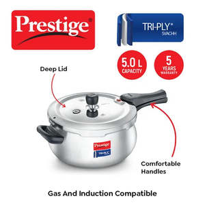 Pressure Cookers: Prestige Svachh Triply Steel Handi Outer Lid Pressure Cooker with Unique Deep Lid for Spillage Control, 3,5 Litre