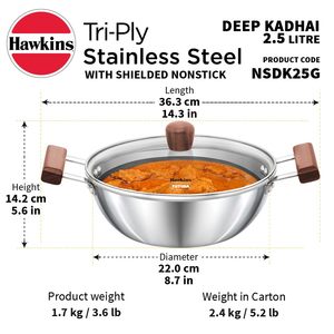 Cookware: Hawkins 2.5 Litre Deep Kadhai, Triply Stainless Steel Shielded Nonstick Deep-Fry Pan with Rosewood Handle, Honeycomb Non Stick Induction Kadai, Silver (NSDK25G)