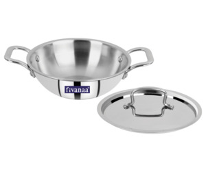 Fivanaa Stainless Steel deep Tri PLY Kadhai/ wok with Lid (induction friendly)