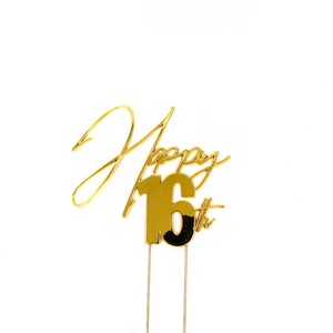 Cake Candle: Gold METAL CAKE TOPPER HAPPY 16TH