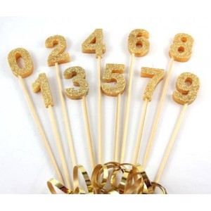 Long wooden pick candle Number 0 Gold Glitter