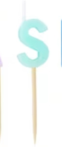 Letter Numeral Candles: Alphabet or numeral candle on wooden pick Letter S Aqua