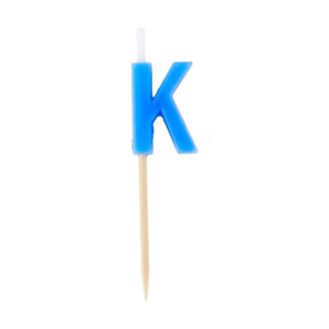Alphabet or numeral candle on wooden pick Letter K Blue