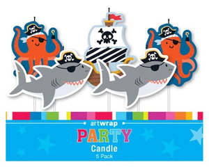 Childrens Candles: Ahoy Pirate sharks ships and Octopus 5 pick candle set
