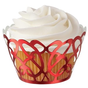 Valentines Cupcake Papers: Red metallic filigree lace scrolls cupcake wrappers
