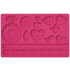 Valentines Silicone Icing Moulds: Folk Fondant and Gumpaste silicone Mould Birds leaves vintage look