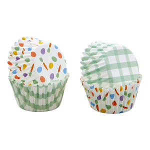 Easter Cupcake Papers: Easter Eggs carrots and plaid Mini Cupcake papers (100)