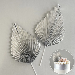 Paper palm leaf fan decorative cake topper 2 per pack Metallic Silver