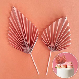 Paper palm leaf fan decorative cake topper 2 per pack Baby Pink Rose gold toning