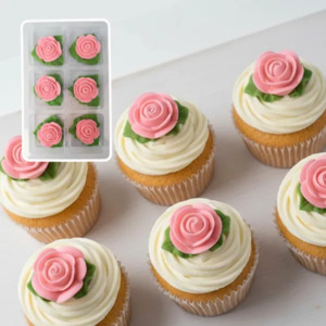 Flowers On Cakes: Tiny rose icing flower with leaf pack of 6 Pink