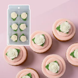 Tiny rose icing flower with leaf pack of 6 WHITE