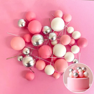 All: Pink white & silver foam ball deco toppers 32 pieces