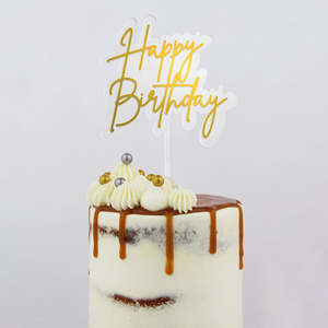 All: Layered clear topper with Gold HAPPY BIRTHDAY Acrylic economy topper