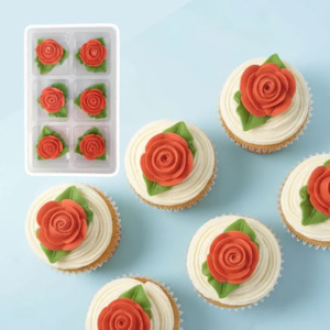 Tiny rose icing flower with leaf pack of 6 RED