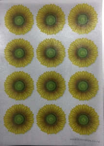 Floral Fruits Edible Printing: Wafer paper sheet 12 yellow flowers gerbera sunflower type