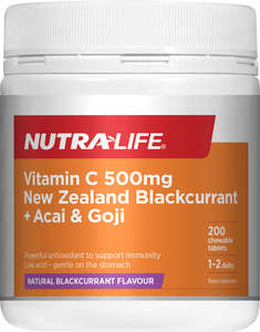Immune Support: Nutralife Vitamin C 500mg NZ Blackcurrant+Acai & Goji Chewable Tablets