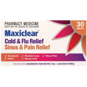 Medicines Allergies Sinus: Maxiclear Cold & Flu Sinus & Pain Relief Tablets 30