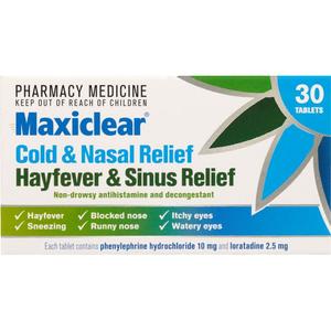 Medicines Allergies Sinus: Maxiclear Cold & Nasal Hayfever & Sinus Relief 30 Tablets