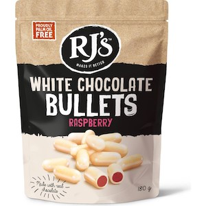 Rj's Licorice White Choc Raspberry Bullets 180g