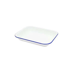 Baking dish: Falcon Enamel Bake Pan - White with Blue Rim