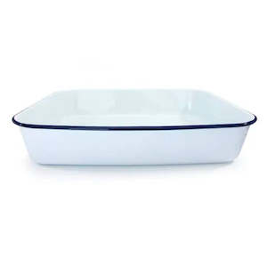 Baking Oven Dishes: Falcon Enamel Deep Roast Pan - White with Blue Rim