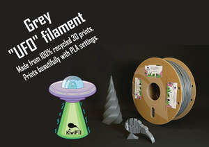 Grey "UFO Filament" (prints like PLA), 100% Recycled 3D PRINTS, 1.75mm, 1kg