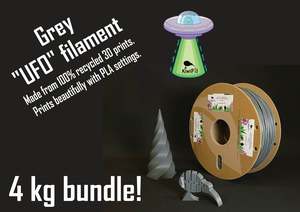 Grey "UFO Filament" (prints like PLA), 100% Recycled 3D PRINTS, 1.75mm, 4kg bundle