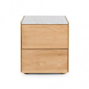 Bedside Tables: Cube Oak Bed side Table - Natural with Marble Top