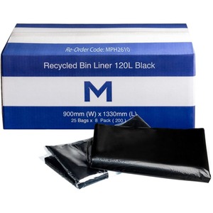 Products: FP Recycled Bin Liner 120L, Black 30mu - Box of 200 - Kiwi Hygiene Supplies