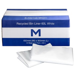 FP Recycled Bin Liner 60L, White 30mu - Box of 450 - Kiwi Hygiene Supplies