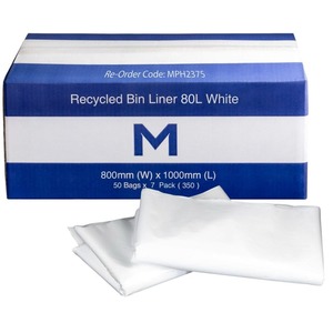 FP Recycled Bin Liner 80L, White 30mu - Box of 350 - Kiwi Hygiene Supplies