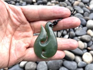 Greenstone Fish Hook: Hand-Carved Greenstone Nephrite Jade Hei Matau Necklace, 50mm