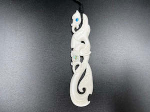 Bone Carving: 14cm Māori Manaia Bone Carving Pendant with Paua Eyes