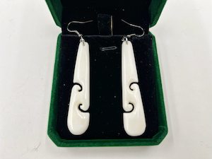 Bone Carving: Long Bone Earrings 60mm Maori Style Double Koru Carving with Gift Box