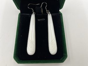 Bone Carving: 60mm Bone Carved Long Drop Earrings with Maori Design – Gift Box Included