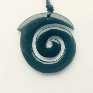 Greenstone: Greenstone Koru Pendant 43mm with Adjustable Cord + Velvet Gift Box Carving Studio NZ