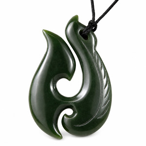 Greenstone: Carving Studio NZ Greenstone Nephrite Jade Hei Matau Large Fish Hook Pendant 66mm Gift Bag E050