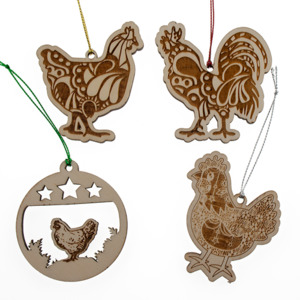 Products: Chook Christmas Decorations 4 pack Kiwi Laser