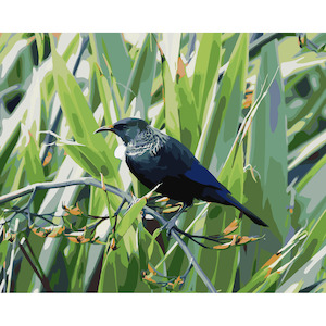 NZ Native Birds: Tui in Flax Bush