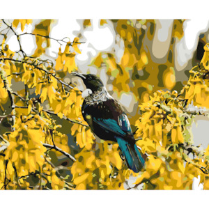 NZ Native Birds: Tui in Kowhai Tree