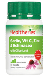 Anti Viral Complex: Healtheries Garlic, Vit C, Zinc & Echinacea with Olive Leaf 60 Tablets