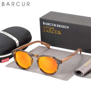 Sunglasses: BARCUR Retro Brand Design Walnut Wood Temple Polarized Women Sunglasses Round Frame Men Glasses UV400