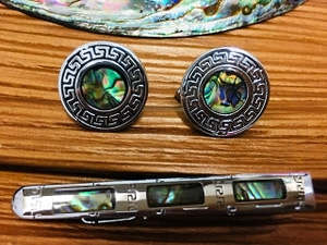 Paua Shell Cufflinks Tie Clip Box Set Round