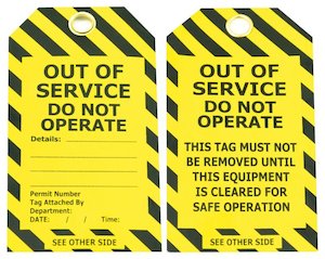 OUT OF SERVICE Do Not Operate (yellow / black chevron) – Tags Pkt 25